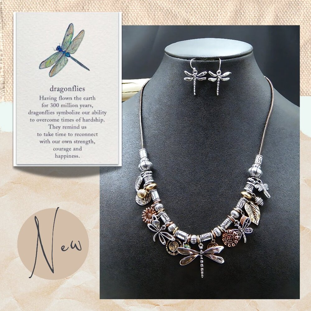 Silver Mix Dragonfly Theme Charm Necklace with Dragonfly Drop Earrings in Silver
